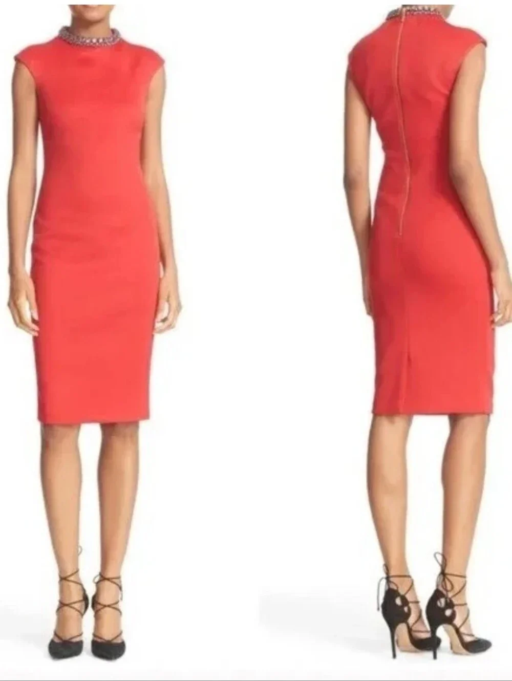 Ted Baker Cadyee Beaded Jeweled Mock Neck Bodycon Pencil Midi Sheath Dress